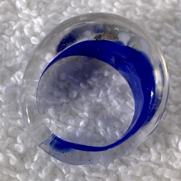 Vintage Art Glass Handmade Blue White Gold Glitter Band Ring - Picture 7 of 11